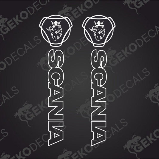 Two white Scania decals with a black background, positioned one above the other, with a Gecko Decals logo at the bottom.