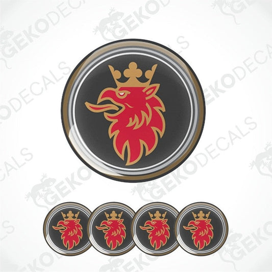 A set of vinyl decals featuring a red and gold Scania with a crown on a black background with silver trim. 