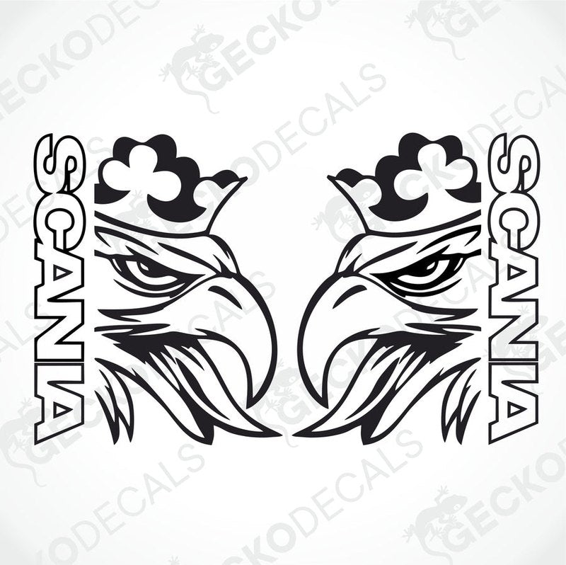 Two black and white decals of a scania truck logo with an eagle design.