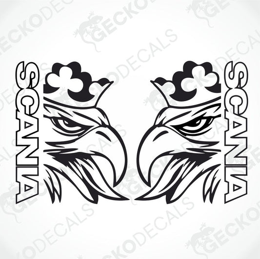 Two black and white decals of a scania truck logo with an eagle design.