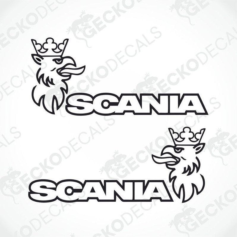 Two black and white decals of the Scania brand logo, designed for use on trucks.