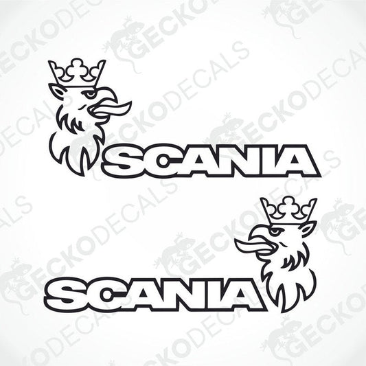 Two black and white decals of the Scania brand logo, designed for use on trucks.