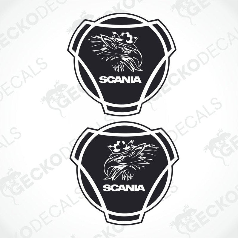 Two black and white die cut decals with the SCANIA brand logo and a bird's silhouette