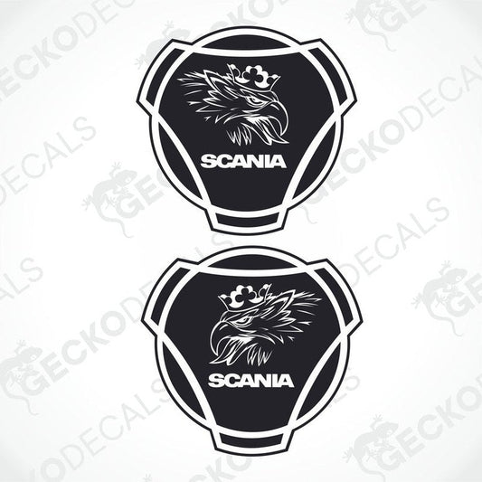 Two black and white die cut decals with the SCANIA brand logo and a bird's silhouette