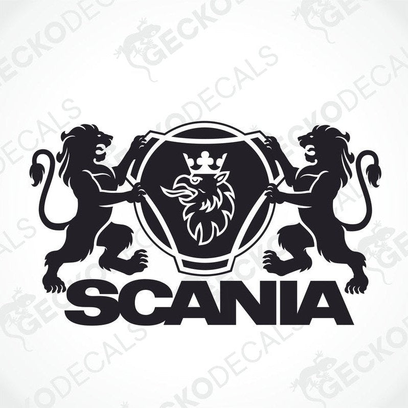 A decal featuring the Scania logo with two lions and a crown.