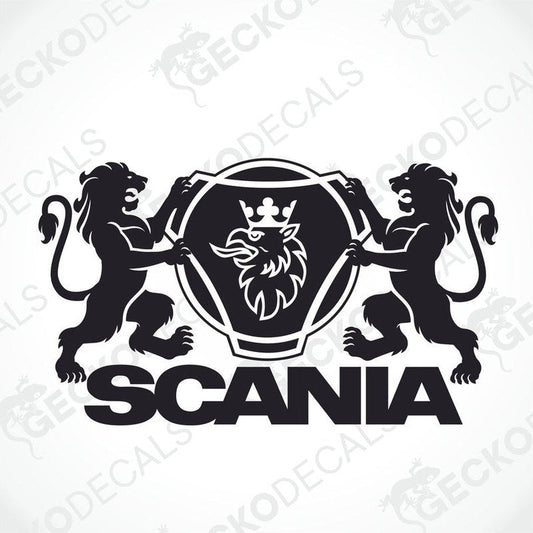 A decal featuring the Scania logo with two lions and a crown.