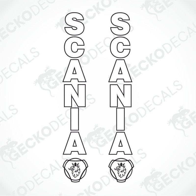 A set of two black and white decals featuring the text 'SCANIA' in uppercase letters, accompanied by a graphic of a lion's head.