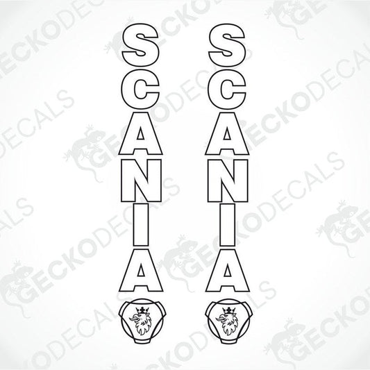 A set of two black and white decals featuring the text 'SCANIA' in uppercase letters, accompanied by a graphic of a lion's head.