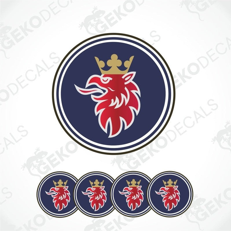 A set of four round vinyl stickers with a Scania logo design, including a red and white emblem on a navy background.