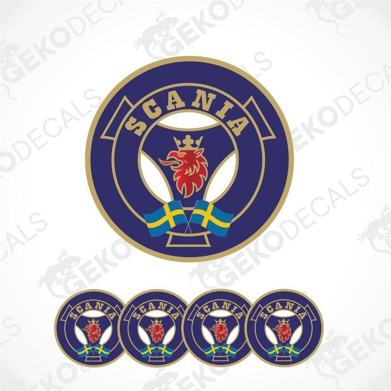 A set of vinyl decals with a polyurethane coating, featuring the brand name 'Scania' and a emblem with a red Eagle.