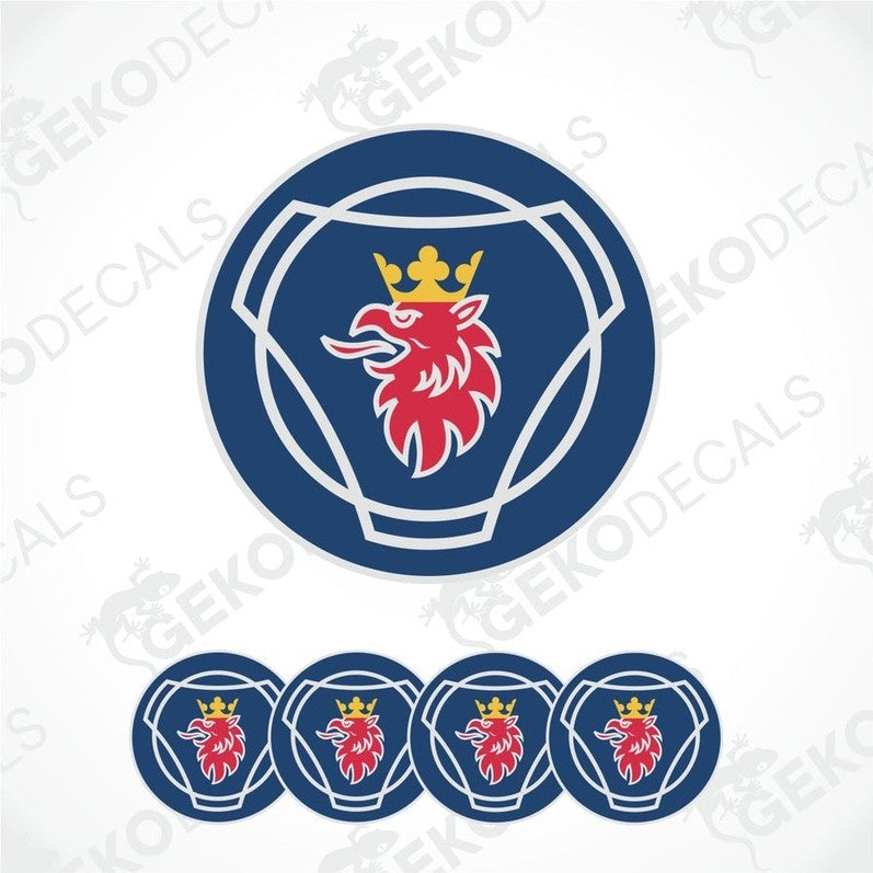 A set of vinyl decals with a polyurethane coating, featuring a red lion emblem on a blue background, indicative of the SCANIA brand logo.