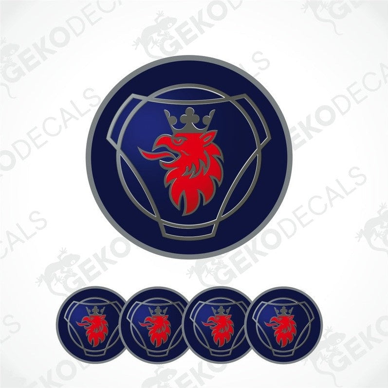 A set of four blue vinyl stickers with a red and white Scania logo design.