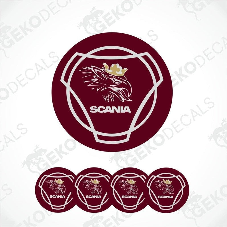 A set of four red vinyl stickers with a white and silver design and the word 'SCANIA' printed on them.