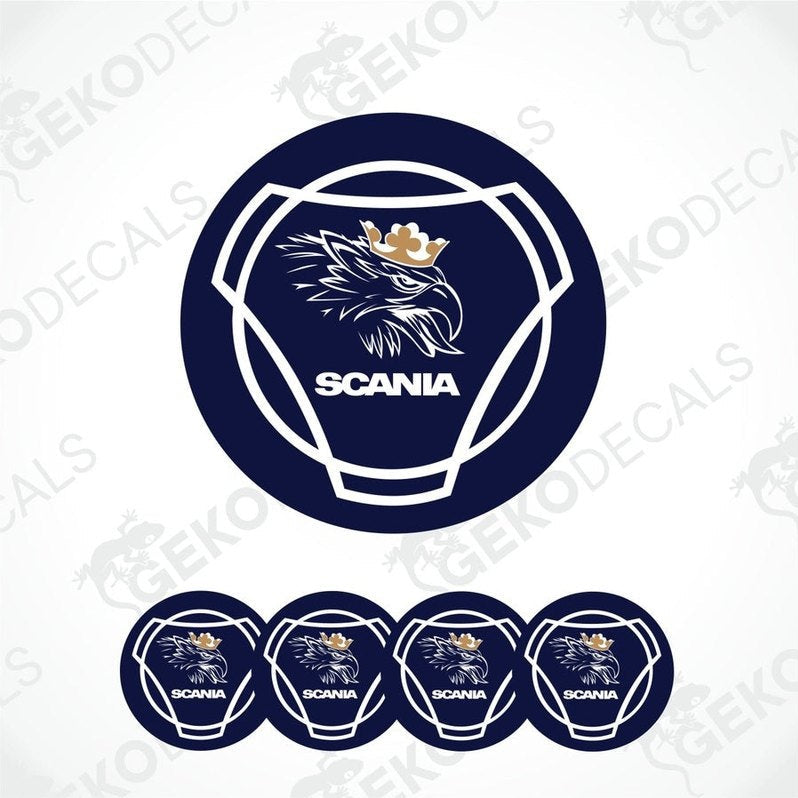 A set of vinyl decals with a Scania logo, featuring a blue background with a white and gold eagle design, and the text 'SCANIA' in bold.