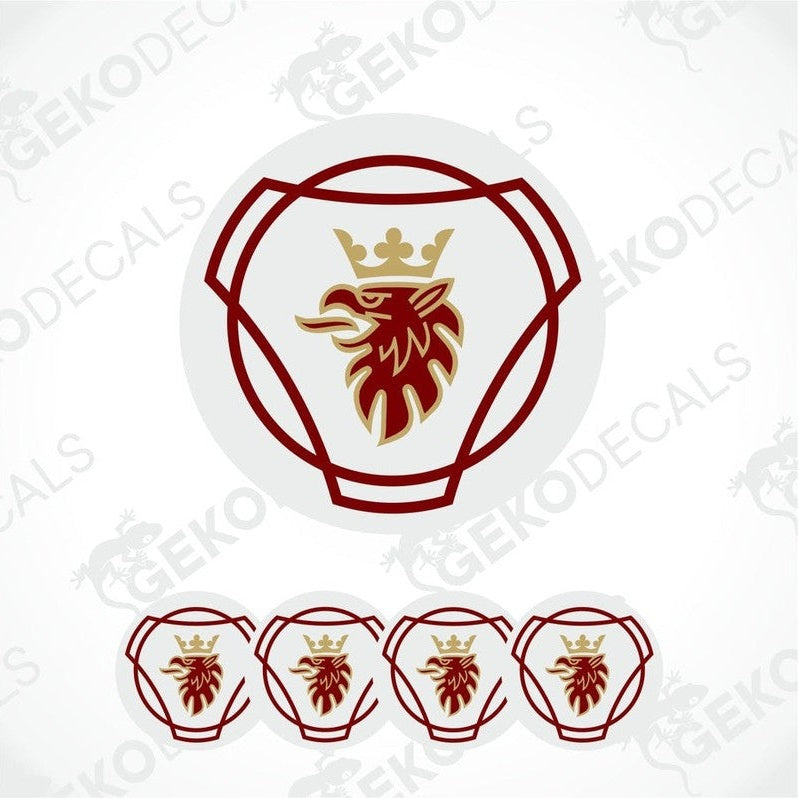 A set of vinyl decals with a polyurethane coating featuring a red and gold design on a white background, including a lion's emblem.