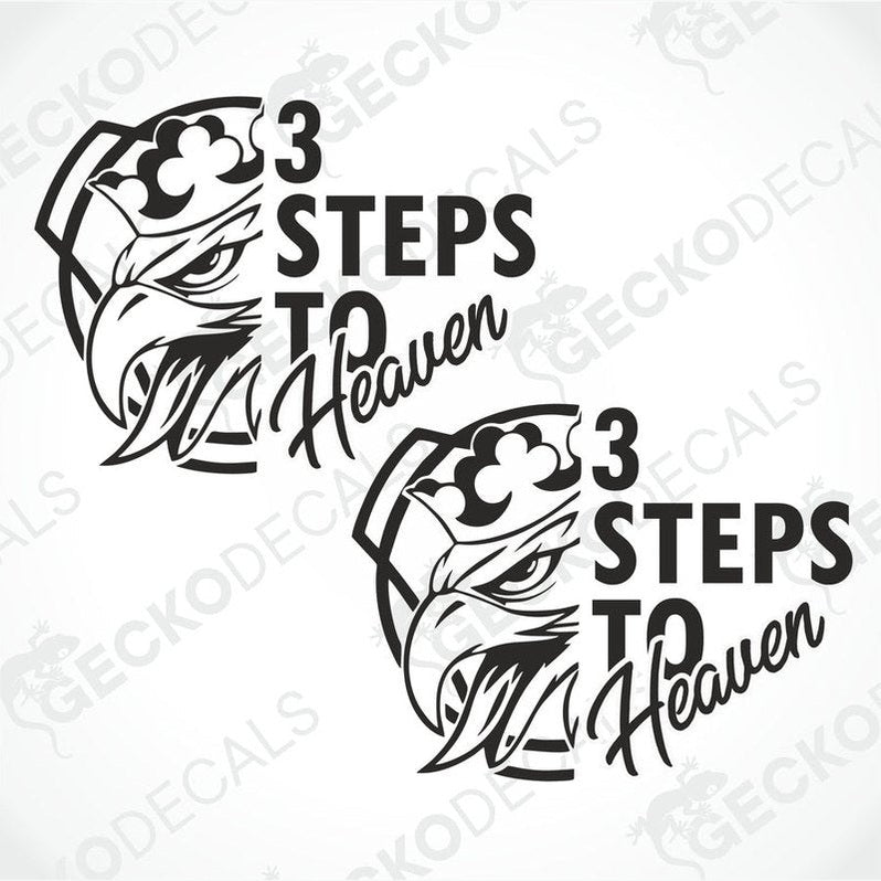 Two black decals with a design of an eagle and the text '3 STEPS TO HEAVEN'.