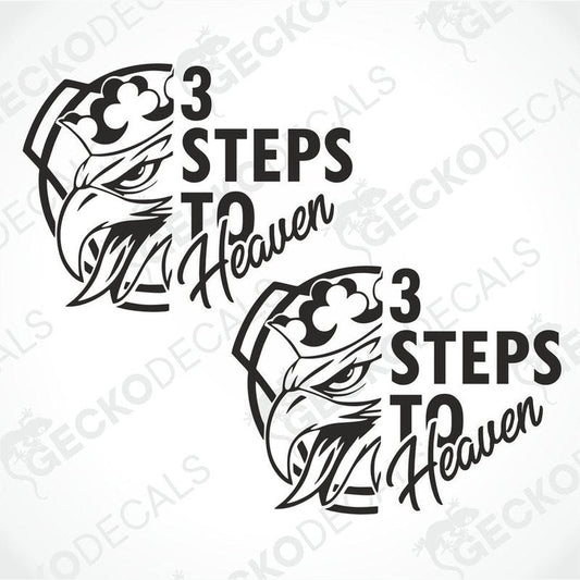 Two black decals with a design of an eagle and the text '3 STEPS TO HEAVEN'.
