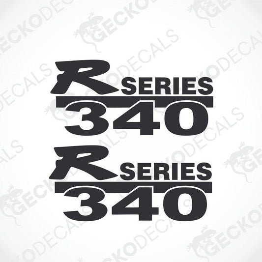 Two black and white vehicle decals with the text 'R SERIES 340' on a white background.