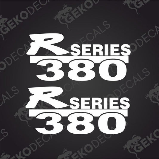 Two white decals with 'R 380' and '380' text, presented on a black background with a watermark logo reading 'gekodecals'.