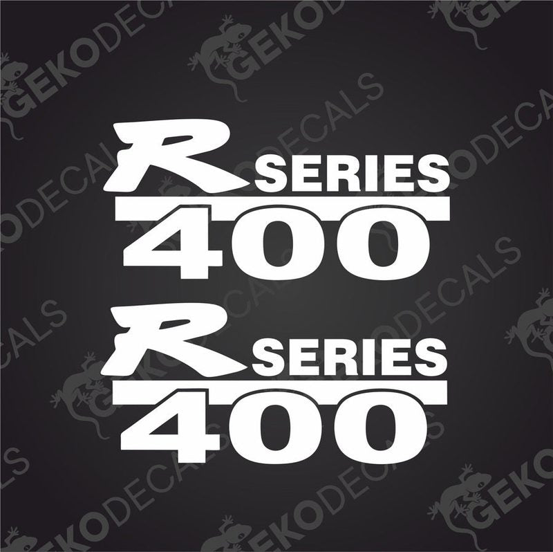 Two white decals with the text 'R 400' and a Scania logo, presented on a black background with a watermark logo reading 'GEKODECALS'.