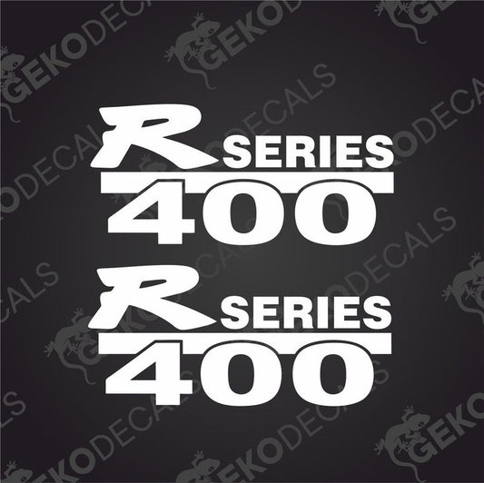 Two white decals with the text 'R 400' and a Scania logo, presented on a black background with a watermark logo reading 'GEKODECALS'.