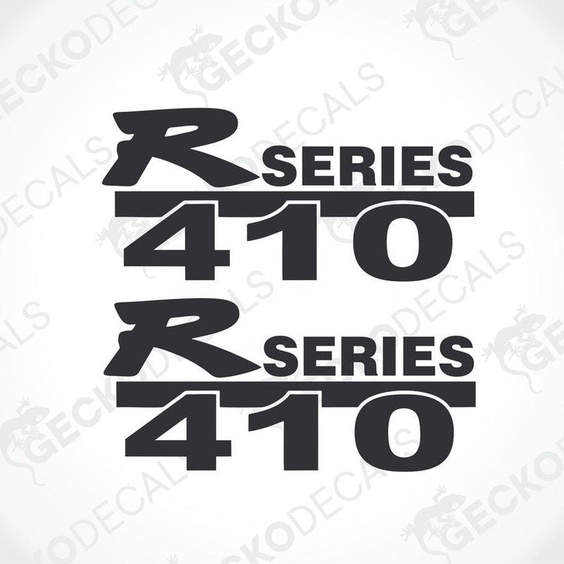 Two black and white vehicle decals with the text 'R SERIES 410' on a transparent background.