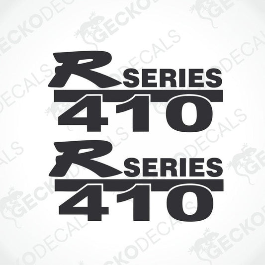 Two black and white vehicle decals with the text 'R SERIES 410' on a transparent background.