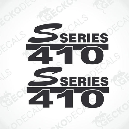 Two black decals with the text 'S SERIES 410' designed for vehicle graphics, likely to be applied on the side of a Scania truck.
