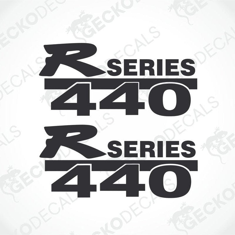 A set of two black decals with the text 'R 440' and 'R Series' for truck decoration.