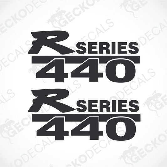 A set of two black decals with the text 'R 440' and 'R Series' for truck decoration.
