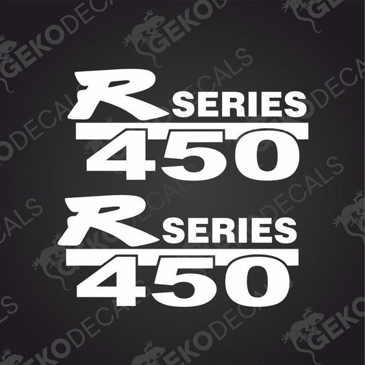 Two white decals with the text 'R SERIES 450' on a black background, typically used for vehicle customization.