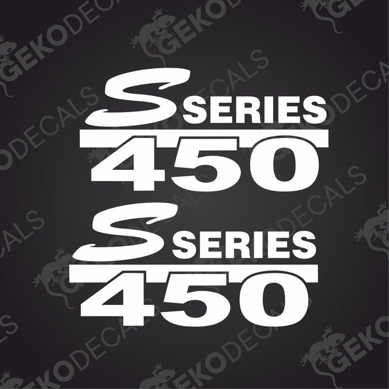 Two white decals with the text 'S SERIES 450' on a black background, typically used for vehicle customization.