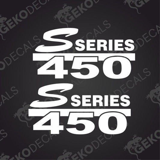 Two white decals with the text 'S SERIES 450' on a black background, typically used for vehicle customization.