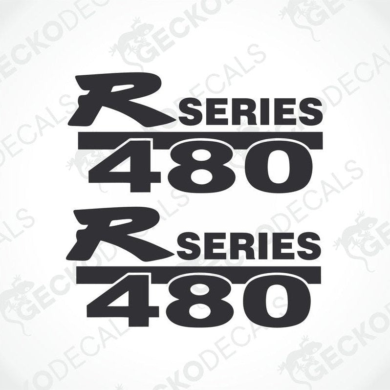 Two black and white decals with the text 'R SERIES 480' for Scania trucks.