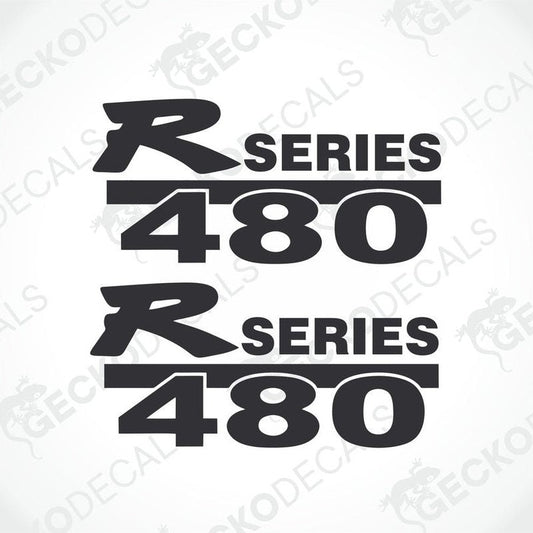 Two black and white decals with the text 'R SERIES 480' for Scania trucks.