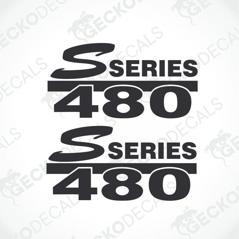 Two black decals with the text 'Scania 480' and 'S Series' on a white background.