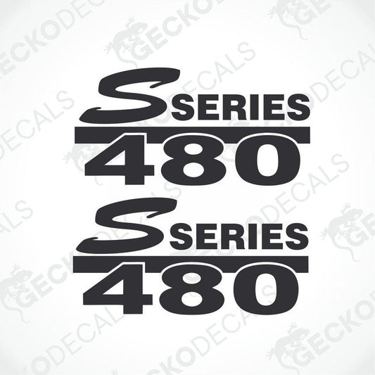 Two black decals with the text 'Scania 480' and 'S Series' on a white background.