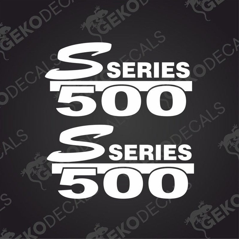 Two white stickers with the text 'S SERIES 500' on a black background, typically used as decals for vehicles.
