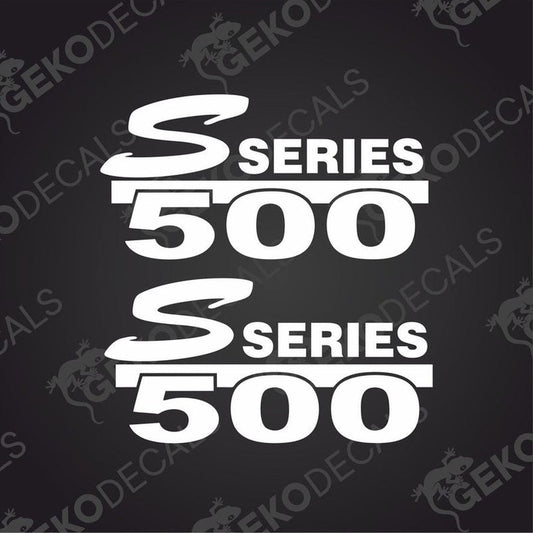 Two white stickers with the text 'S SERIES 500' on a black background, typically used as decals for vehicles.