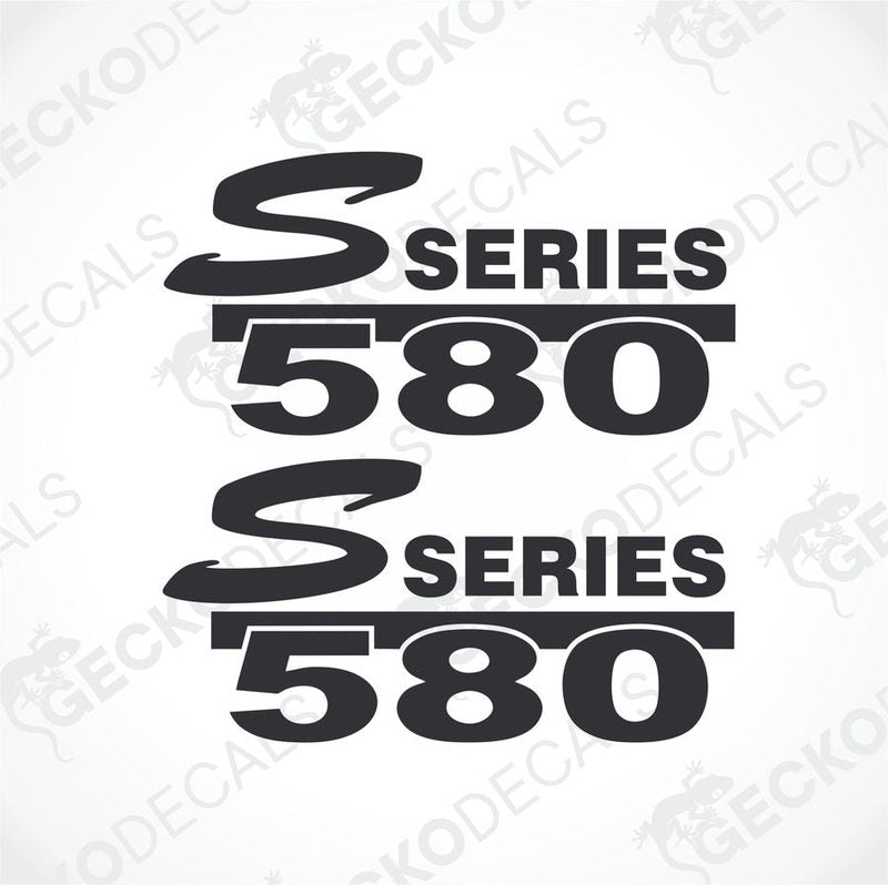 Two black and white die cut stickers with the text 'S SERIES 580' on them, intended for use as vehicle decals.