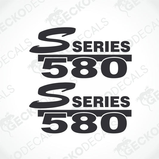 Two black and white die cut stickers with the text 'S SERIES 580' on them, intended for use as vehicle decals.