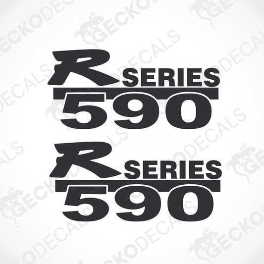 Two black and white die cut stickers with the text 'R SERIES 590' on them, intended for use as vehicle decals.