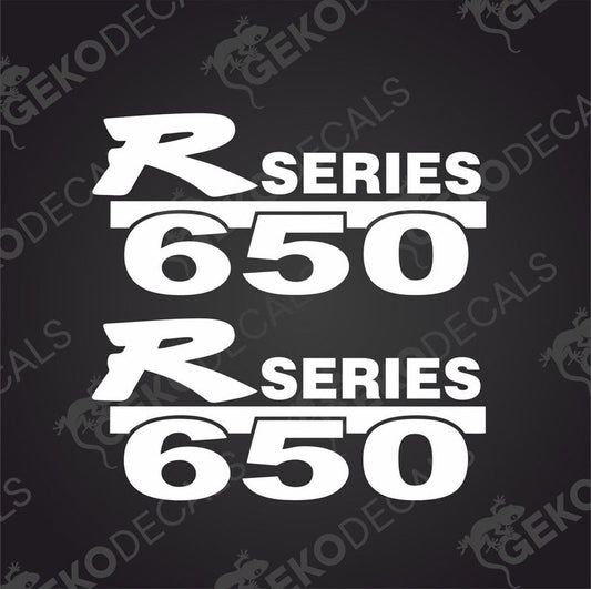 Two white decals with the text 'R SERIES 650' on a black background, intended for use on vehicles.