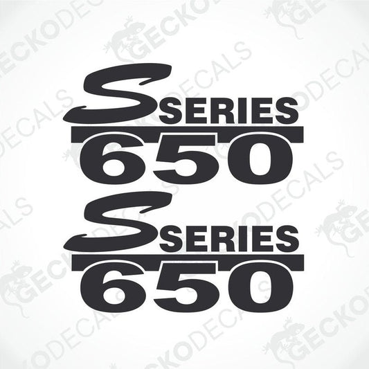 Two black decals with the text '650 SERIES' and a Scania logo, presented on a white background.