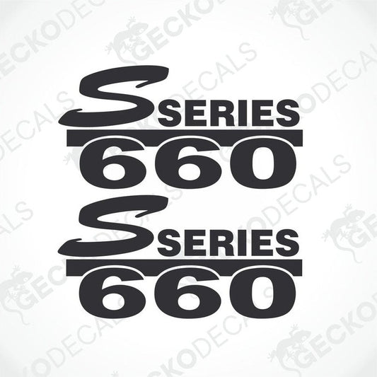 Two black and white die cut stickers with the text 'S SERIES 660' on them, intended for use as vehicle decals.