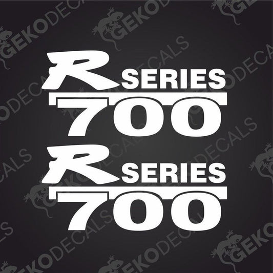 Two white decals with 'R SERIES 700' text on a black background, intended for use on vehicles.
