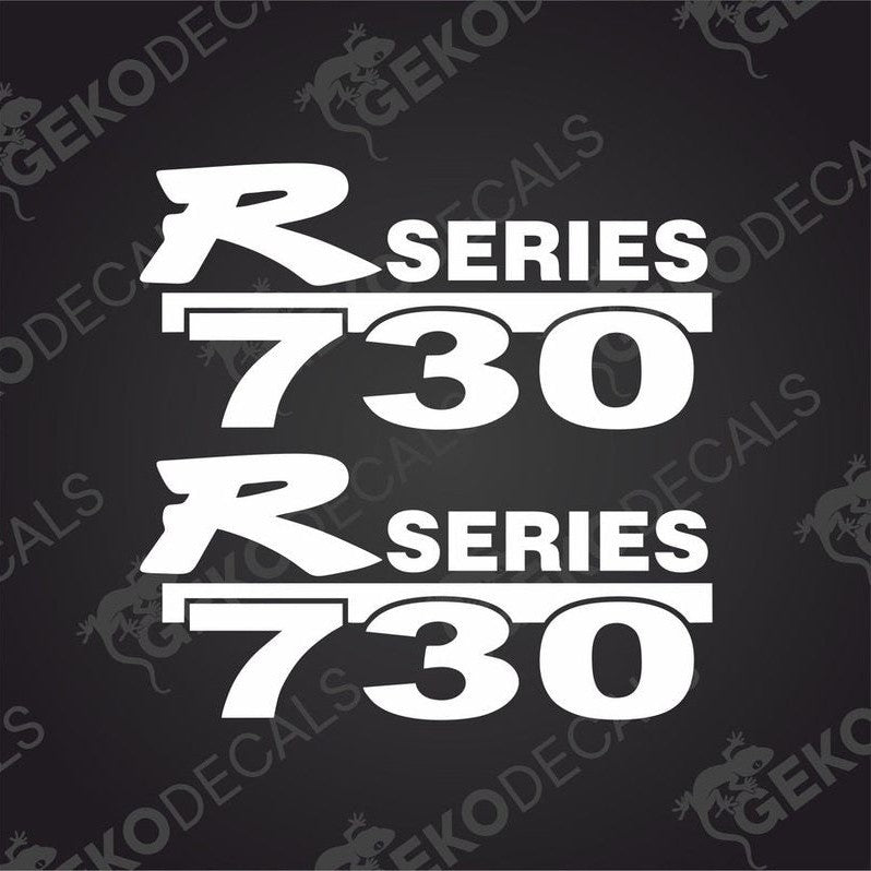 Two white text decals reading 'R SERIES 730' on a transparent background, typically used for vehicle customization.