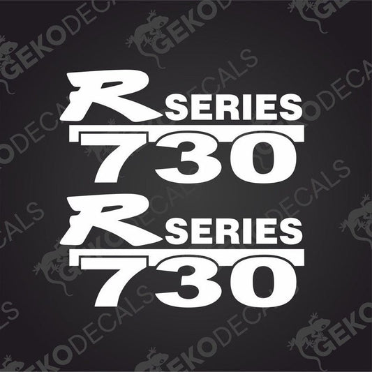 Two white text decals reading 'R SERIES 730' on a transparent background, typically used for vehicle customization.
