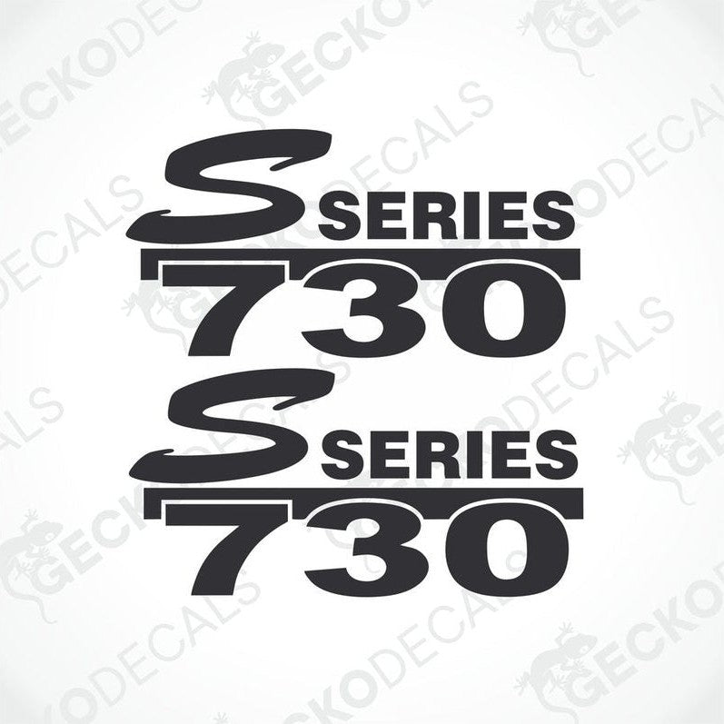Two black and white decals with the text 'S SERIES 730' printed on them, typically used for vehicle customization.