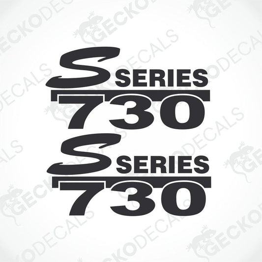 Two black and white decals with the text 'S SERIES 730' printed on them, typically used for vehicle customization.